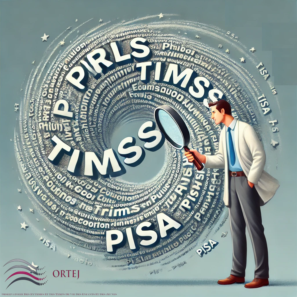 DALL·E 2024-11-04 17.39.49 – Create an image with the words PIRLS, TIMSS, and PISA arranged in a swirling vortex. Above this vortex, add a researcher holding a magnifying glass an